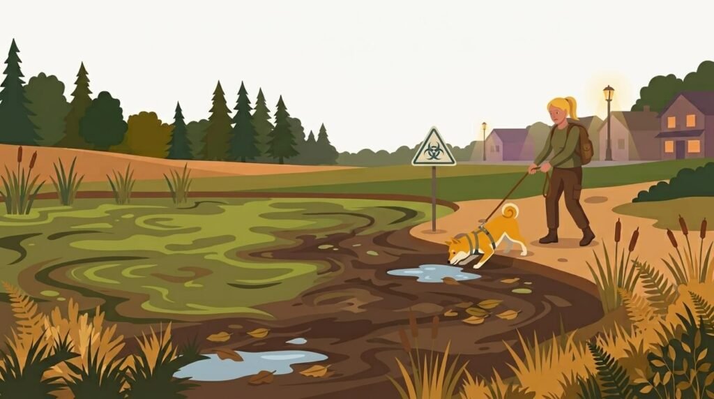 Cartoon illustration of a dog drinking from a puddle outdoors