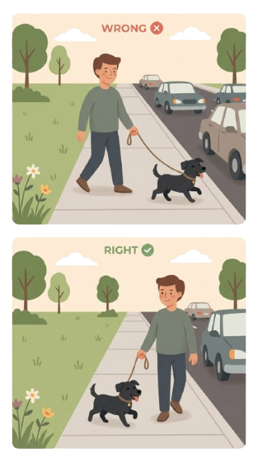 Illustration showing the wrong and right way to walk a dog near traffic — a key part of outdoor dog safety is keeping your dog on the side away from the road.