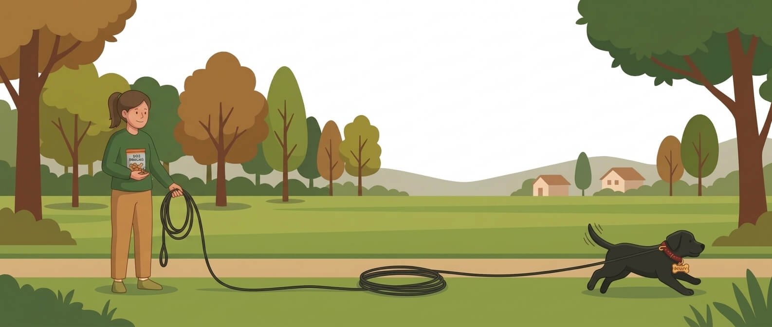 Illustration for how to train a dog recall showing a dog on a long leash exploring a park while the owner holds the other end.
