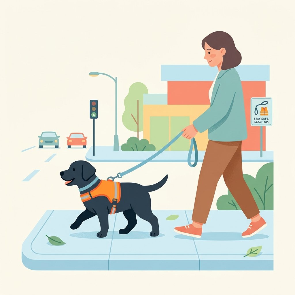 Illustration for outdoor dog safety showing a dog walking safely on a sidewalk with its owner, away from traffic.