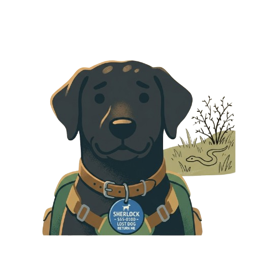 Close-up of a black dog wearing a collar with a visible ID tag and a safety harness. Essential tips for lost dog prevention and identification.