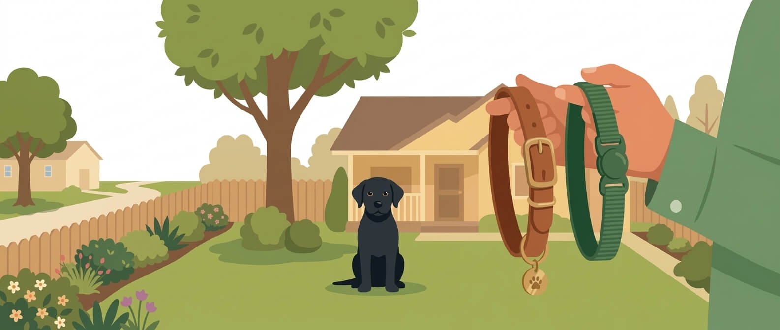 Cartoon illustration of different dog collar types hanging on a fence outdoors