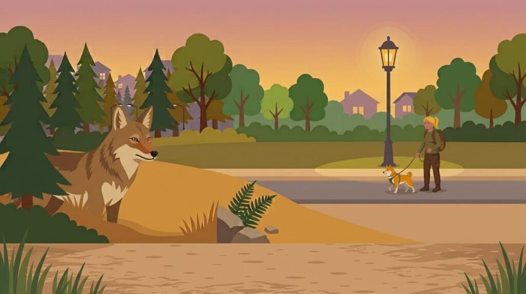 a coyote watching a dog and its owner on a park path at dusk
