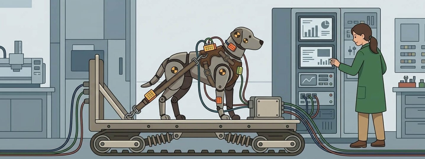 Crash test dummy dog strapped into a crash-tested harness on a test sled — crash tested dog harness