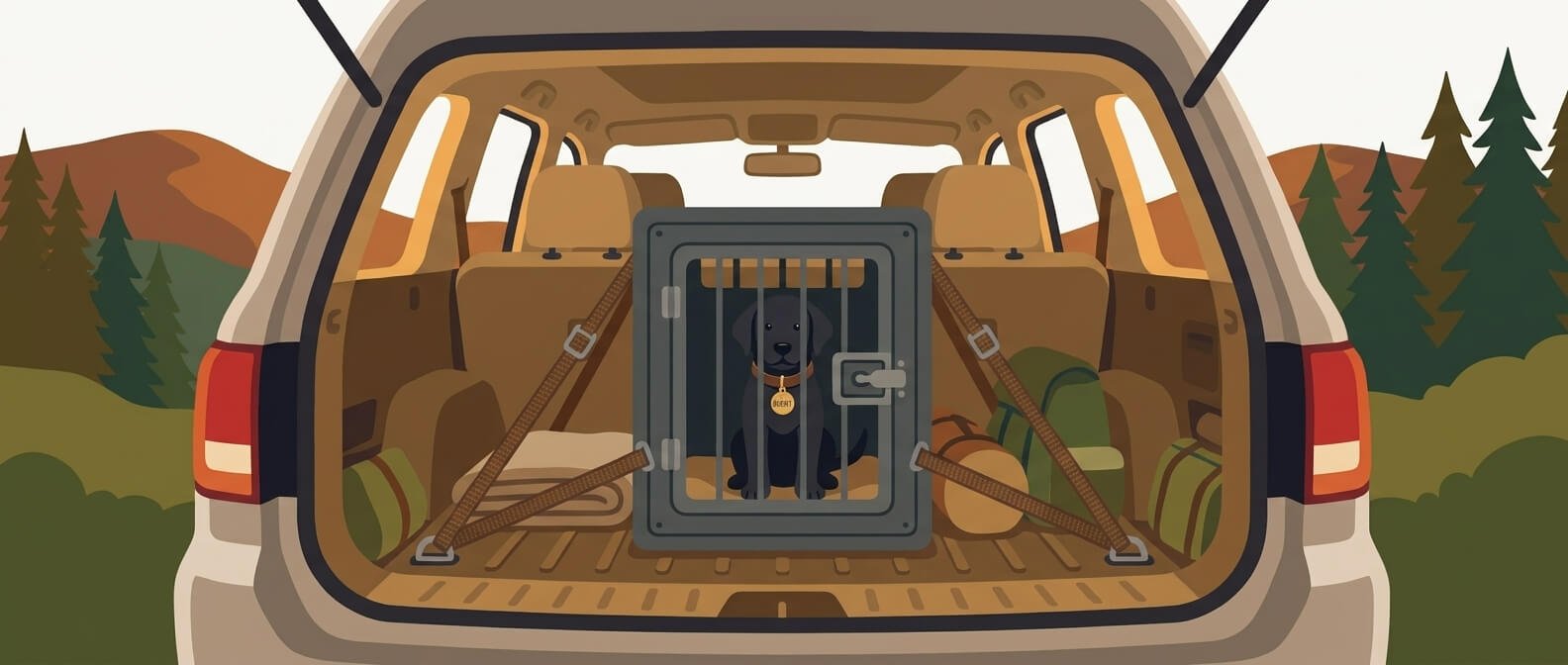 Crash-tested dog crate strapped down with anchor straps in the cargo area of an SUV — crash tested dog harness vs crate