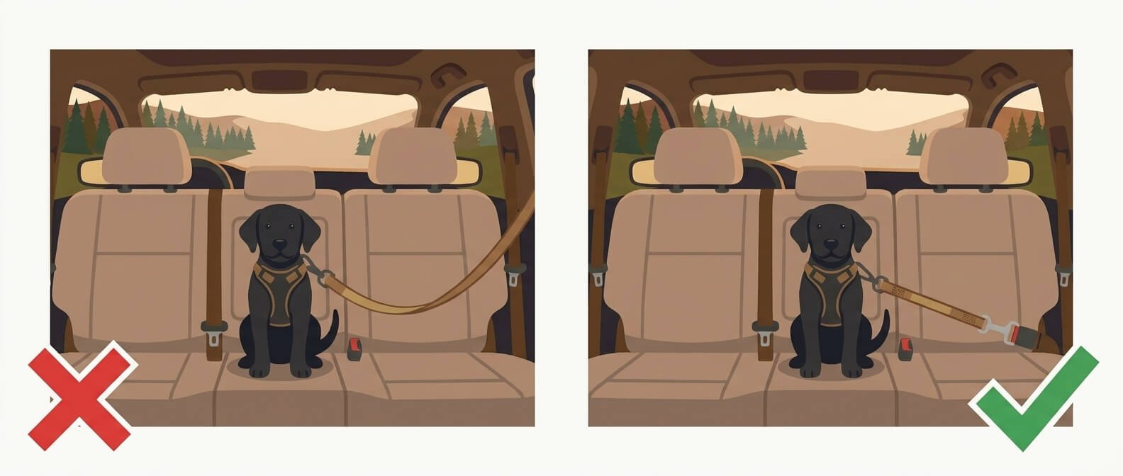 Dog in a crash-tested harness with too-long tether vs correct short tether — crash tested dog harness