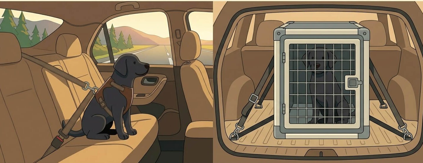 Crash tested dog harness vs crate — dog secured in a harness in the back seat and a crate strapped down in the cargo area