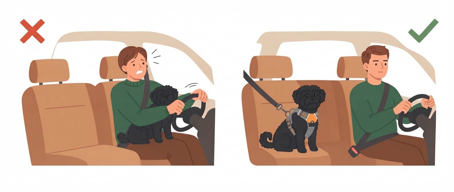 Cartoon illustration comparing common dog car safety mistakes with the correct setup
