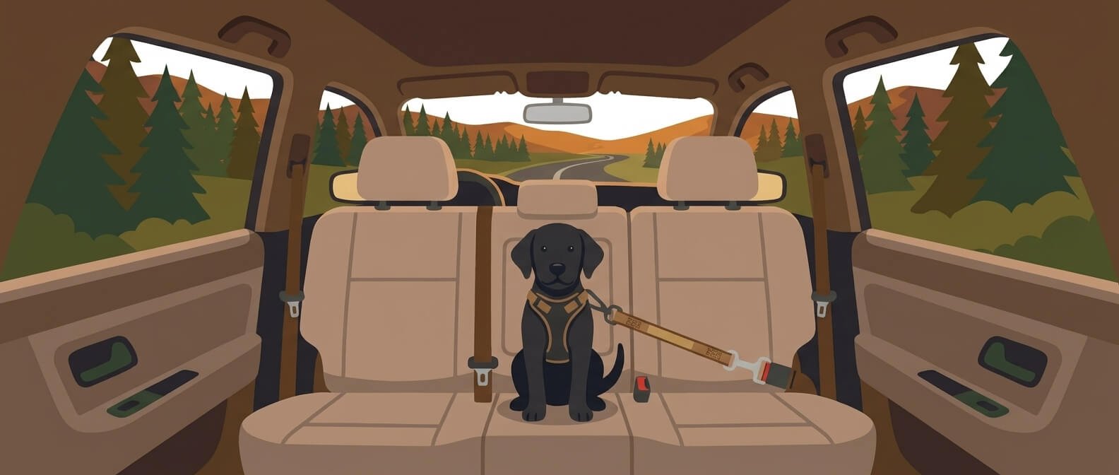 Dog wearing a crash-tested harness connected to a seatbelt in the back seat — crash tested dog harness