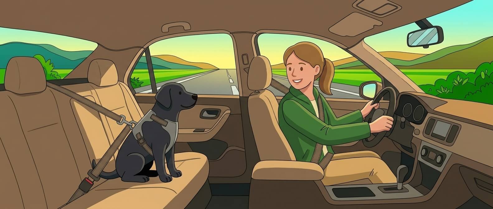 a dog secured in a crash-tested harness attached to a seat belt in the back seat of a car while the owner glances back with a smile