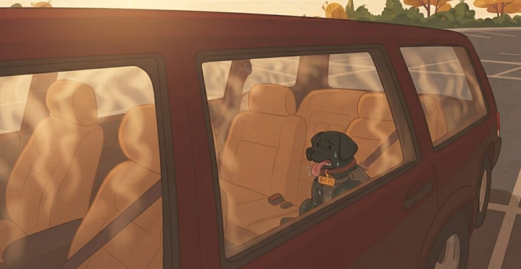 Dog alone in a hot parked car with temperature rising — dog car safety