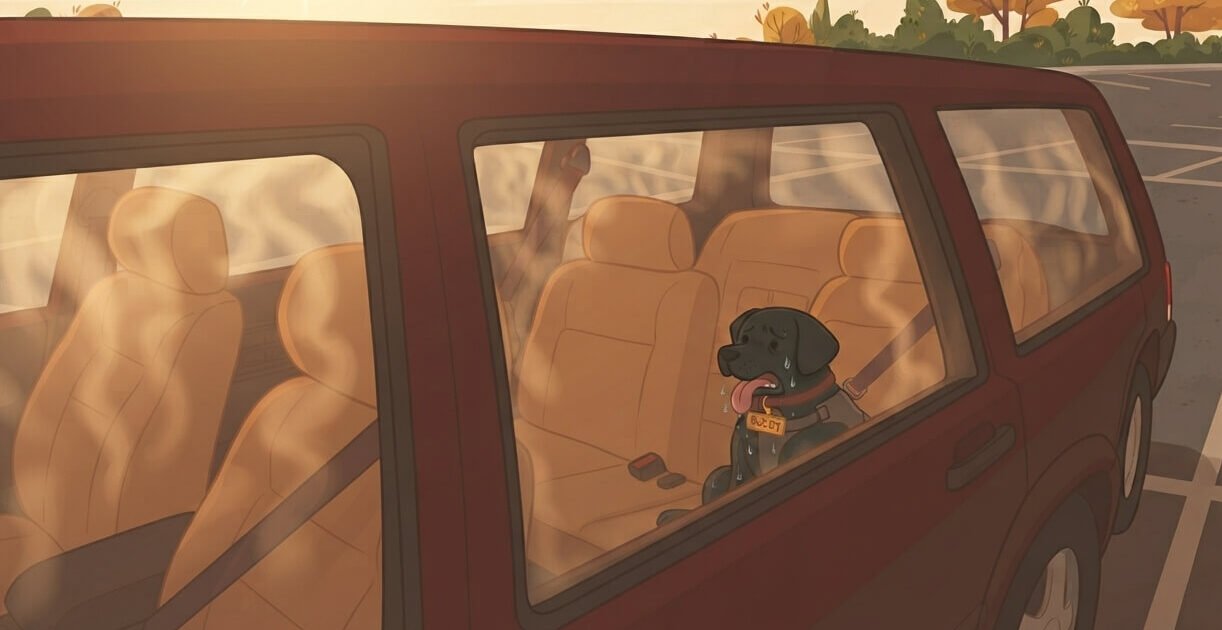 Dog alone in a hot parked car with temperature rising — dog car safety