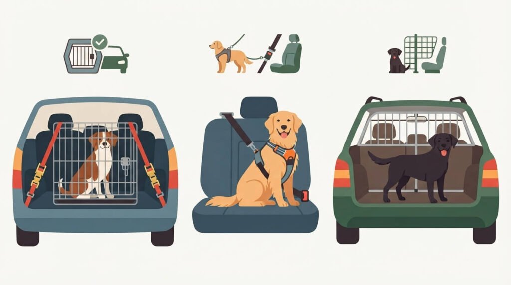 Three dog car restraints side by side: crash-tested crate, harness, barrier — dog car safety