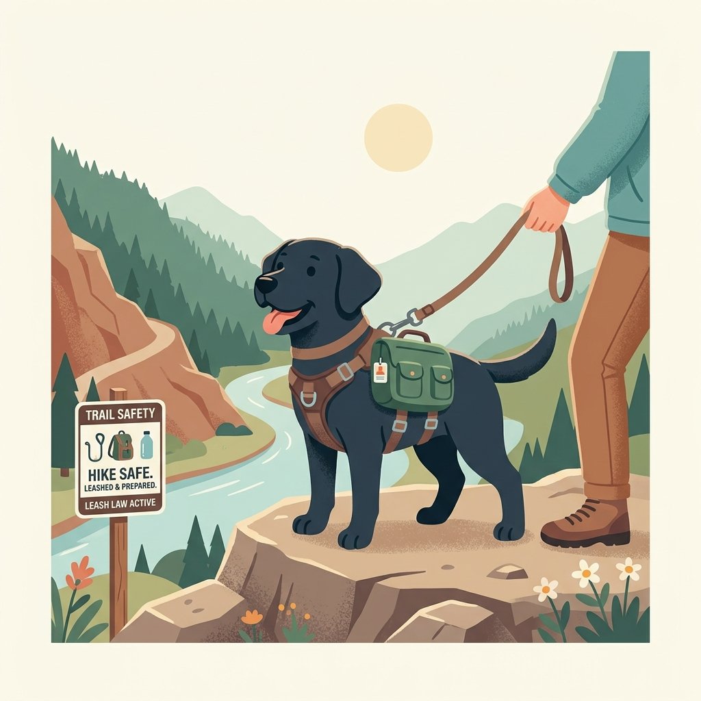 Illustration for outdoor dog safety showing a dog hiking on a scenic trail with its owner and wearing a harness.