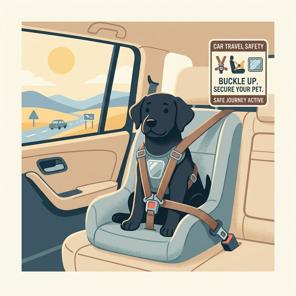 Illustration for outdoor dog safety showing a dog secured in a car seat with a seatbelt harness.