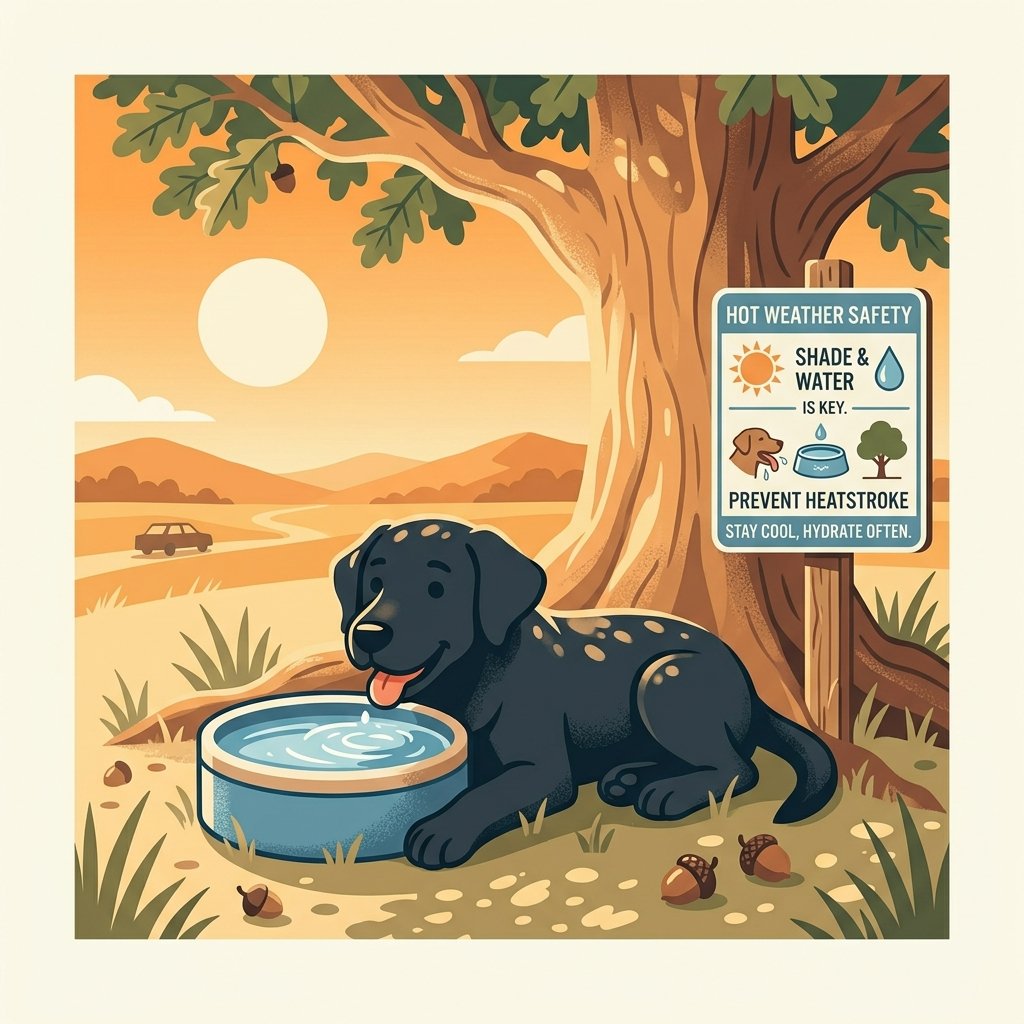 Illustration for outdoor dog safety showing a dog drinking water in the shade to stay cool in hot weather.