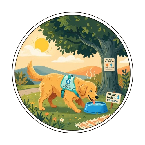 A dog wearing a cooling vest drinking water in the shade on a hot summer day. Essential heatstroke prevention tips for safe summer walks.