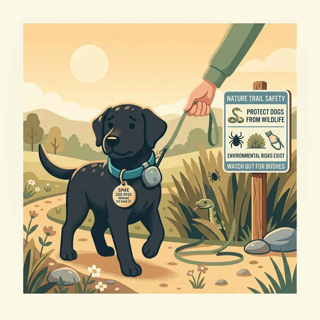 Illustration for outdoor dog safety showing a dog on a trail near signs warning about snakes, ticks, and toxic plants.