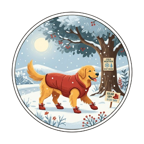 A dog wearing a cozy red winter coat and boots walking in the snow. Essential winter safety tips for protecting paws from the cold.