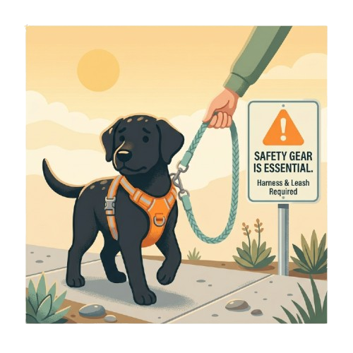 Cartoon illustration of a dog on a leash next to a wildlife warning sign