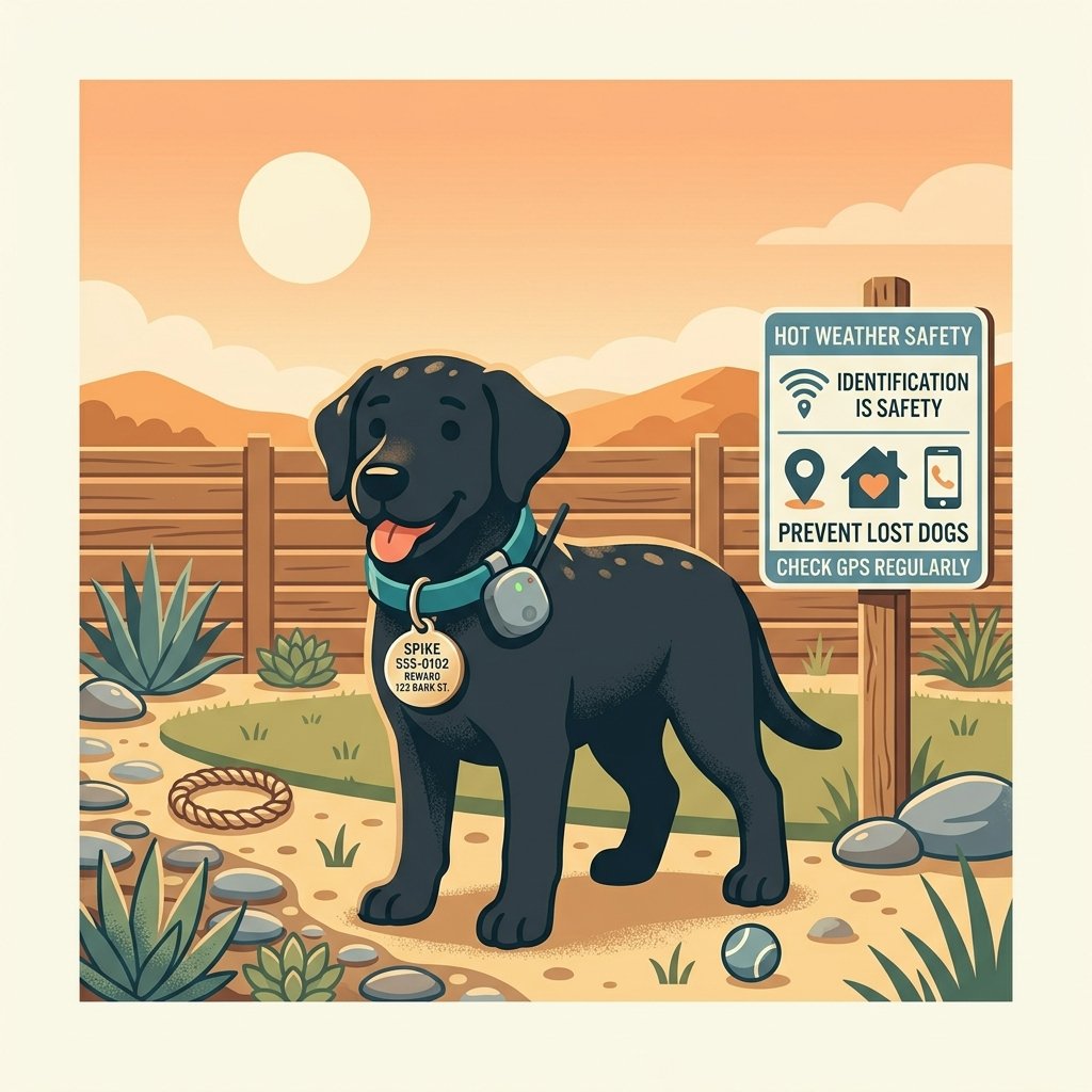 Illustration for outdoor dog safety showing a dog wearing an ID tag and GPS collar to prevent getting lost.