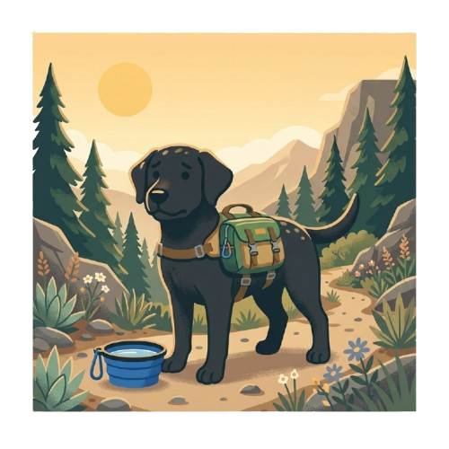 A black dog wearing a hiking backpack standing near a water bowl outdoors. Essential hiking gear and hydration tips for safe adventures.