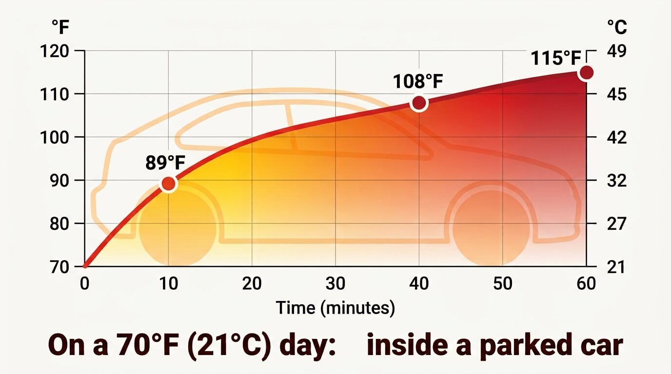 Chart showing how fast car temperatures rise — hot car dangers for dogs