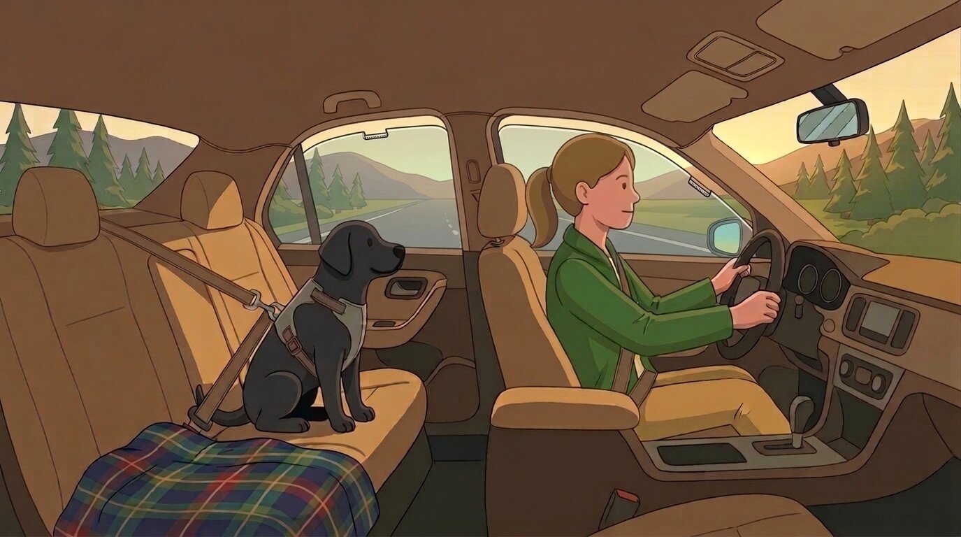 Illustration for how to prevent car sickness in dogs showing a calm dog in the back seat of a car with the window rolled down slightly and a familiar blanket nearby.
