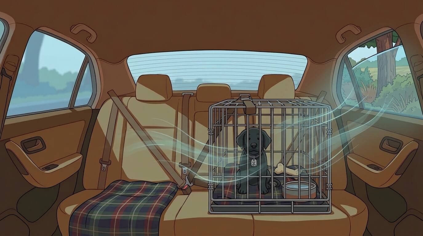 Cartoon illustration of a dog sitting in the back seat of a car with motion sickness supplies