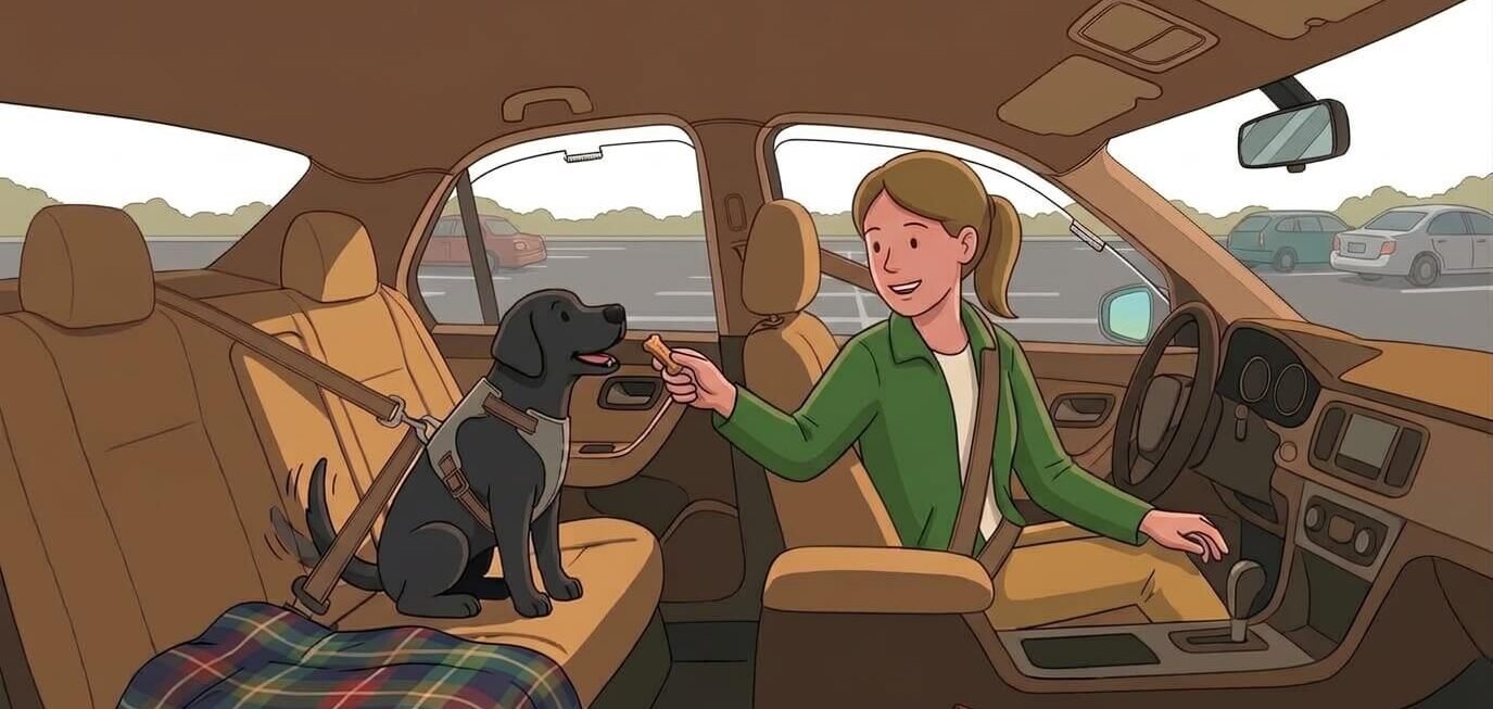 Cartoon illustration of a dog owner training their dog to feel comfortable in the car