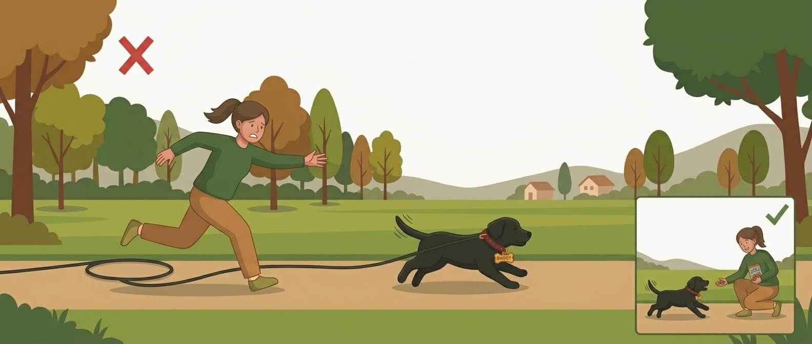 Illustration for how to train a dog recall showing the wrong way — an owner chasing their dog on a trail — with a small inset showing the correct approach of crouching and calling.