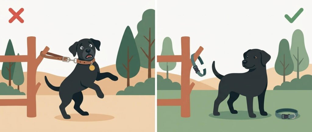 Illustration for lost dog prevention comparing a flat collar pulling tight on a branch versus a breakaway collar that snaps open to free the dog.