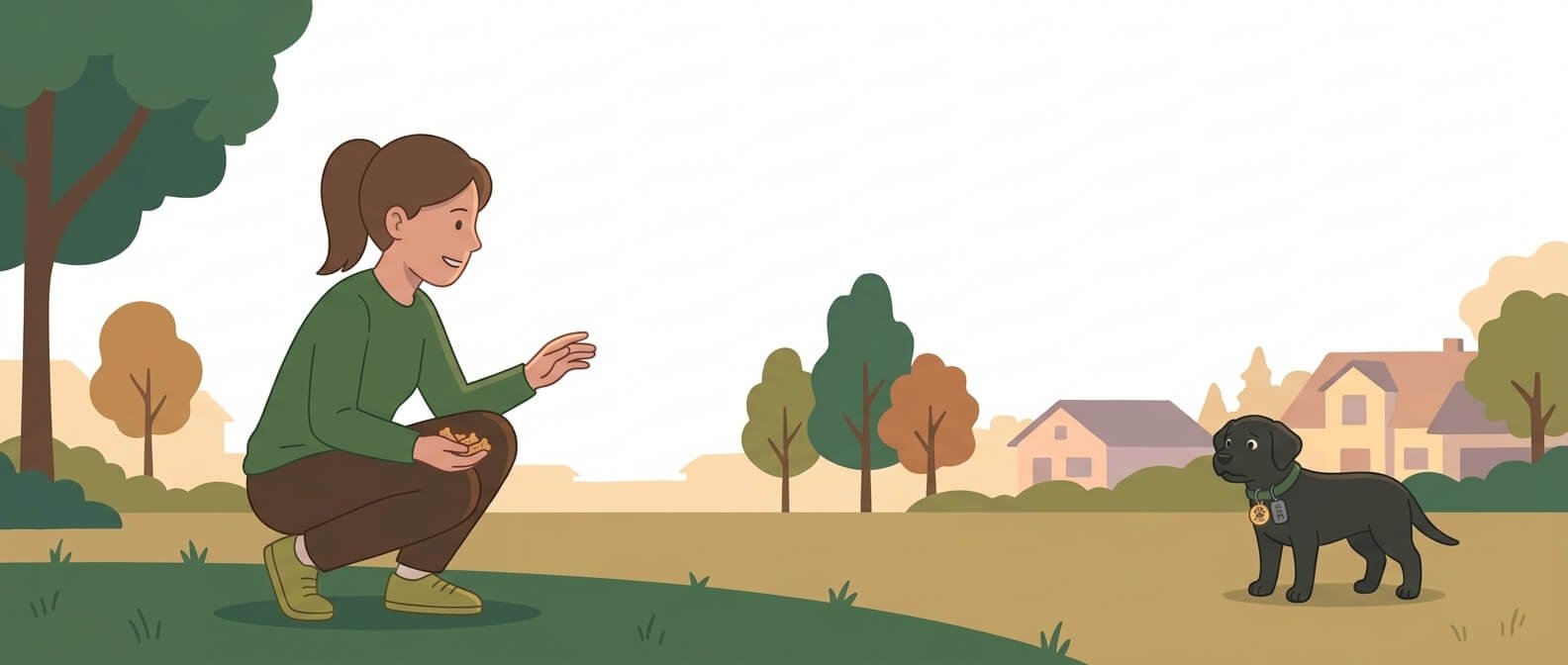 Illustration for lost dog prevention showing a female owner crouching low and calmly calling a scared dog from a distance, without chasing.