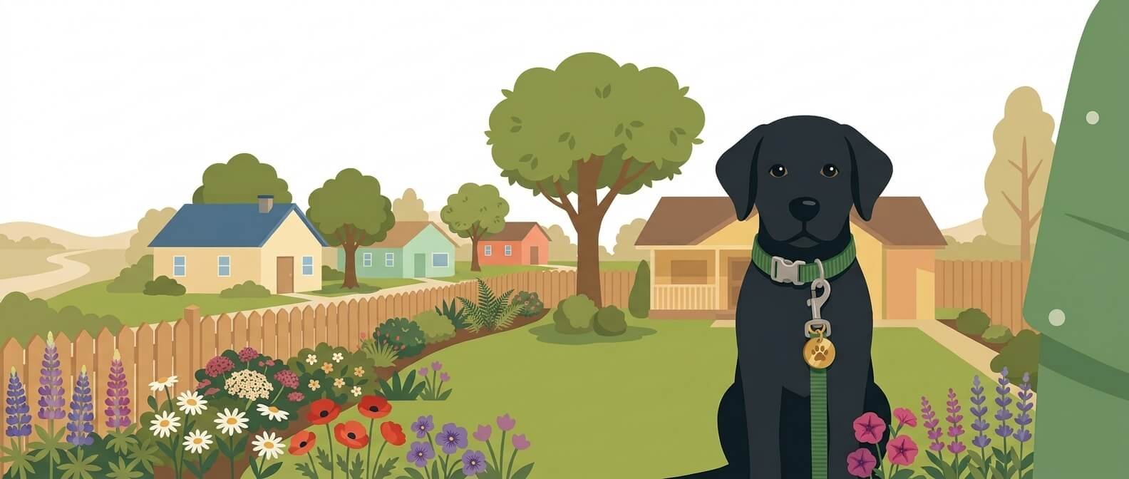 Illustration for lost dog prevention showing a close-up of a flat collar on a dog's neck, with a metal buckle, an ID tag, and a leash clipped to the D-ring.