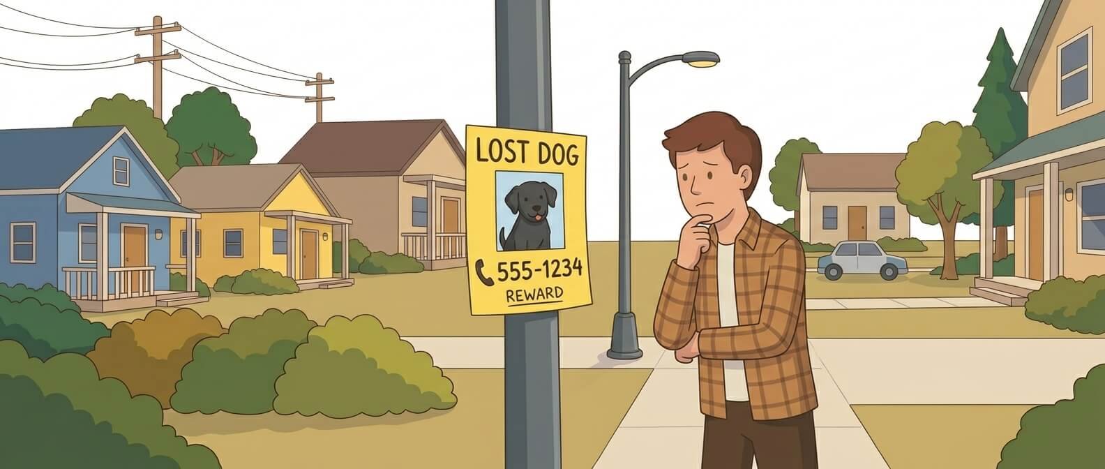 Illustration for lost dog prevention showing a bright yellow "Lost Dog" flyer taped to a lamppost while a passerby stops to read it.