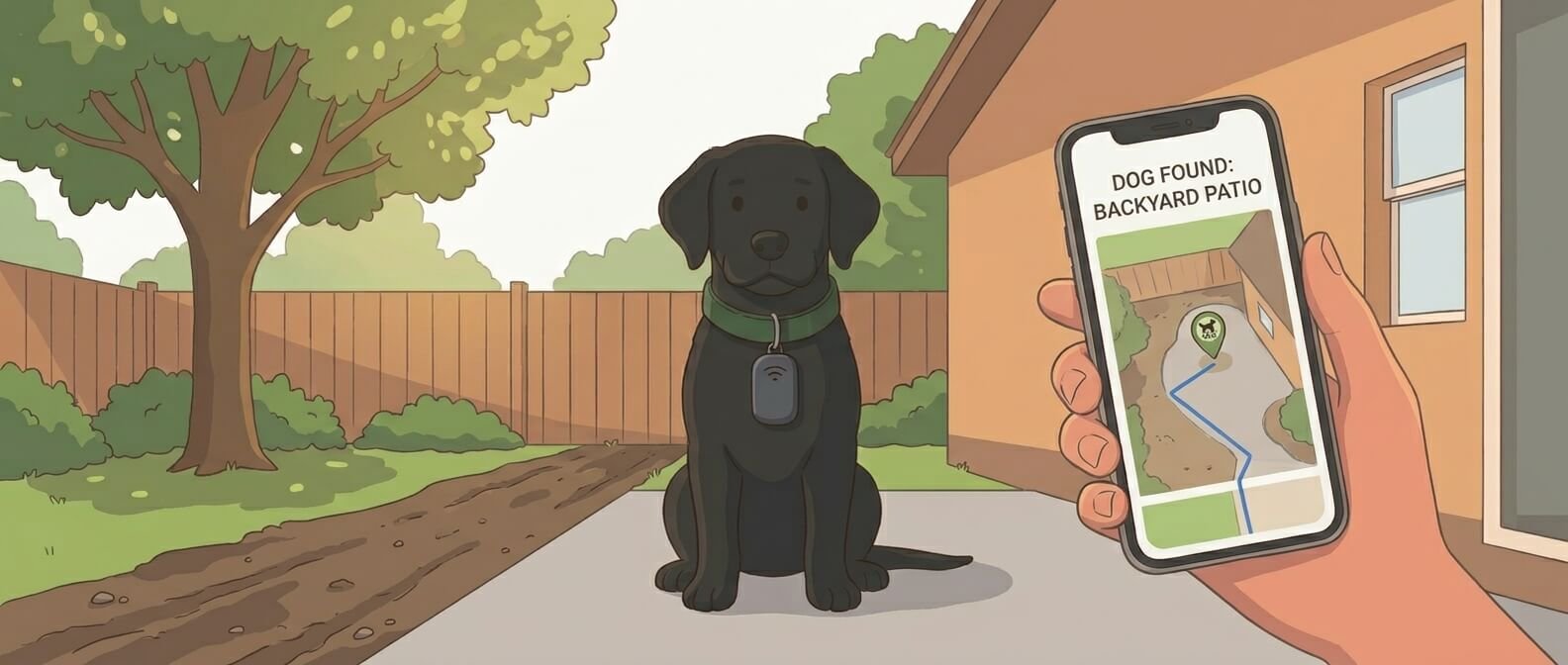 Illustration for lost dog prevention showing a dog wearing a GPS tracker while its owner checks a map on a phone.