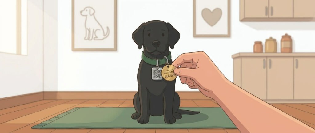 Illustration for lost dog prevention showing a close-up of a dog's collar with a metal ID tag and a small QR code tag attached.