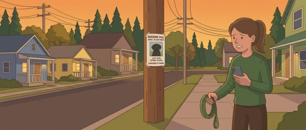 Lost dog flyer with photo and phone number posted on a lamppost — what to do if your dog gets lost