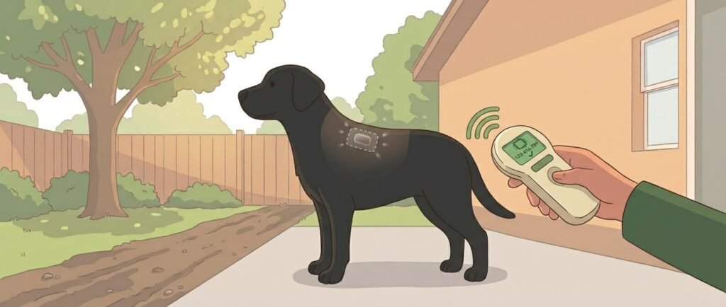 Illustration for lost dog prevention showing a microchip under a dog's skin being read by a handheld scanner, with the chip information displayed on the scanner screen.