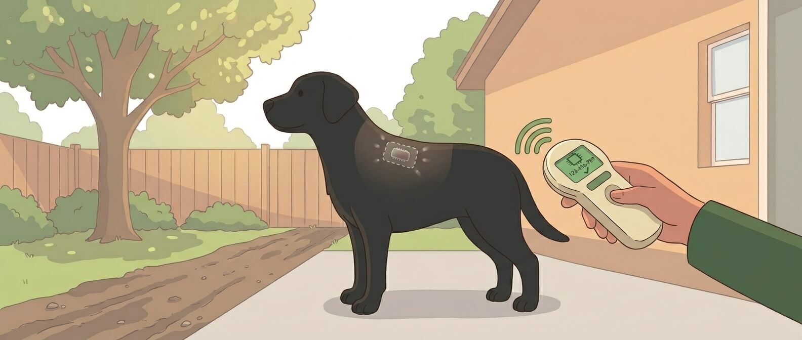 Illustration for lost dog prevention showing a microchip under a dog's skin being read by a handheld scanner, with the chip information displayed on the scanner screen.