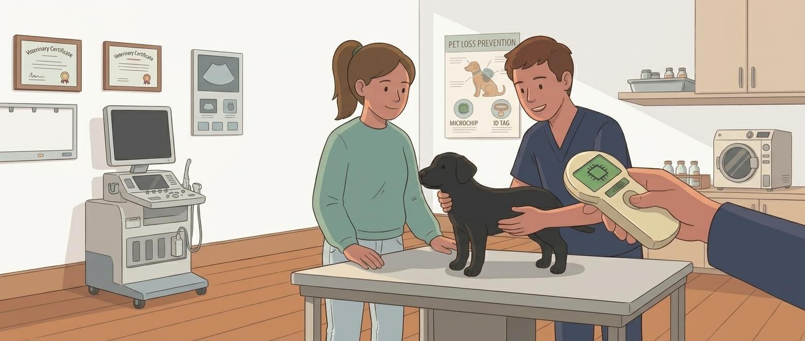 Illustration for lost dog prevention showing a veterinarian scanning a microchip on a dog's back with a handheld scanner inside a clinic.