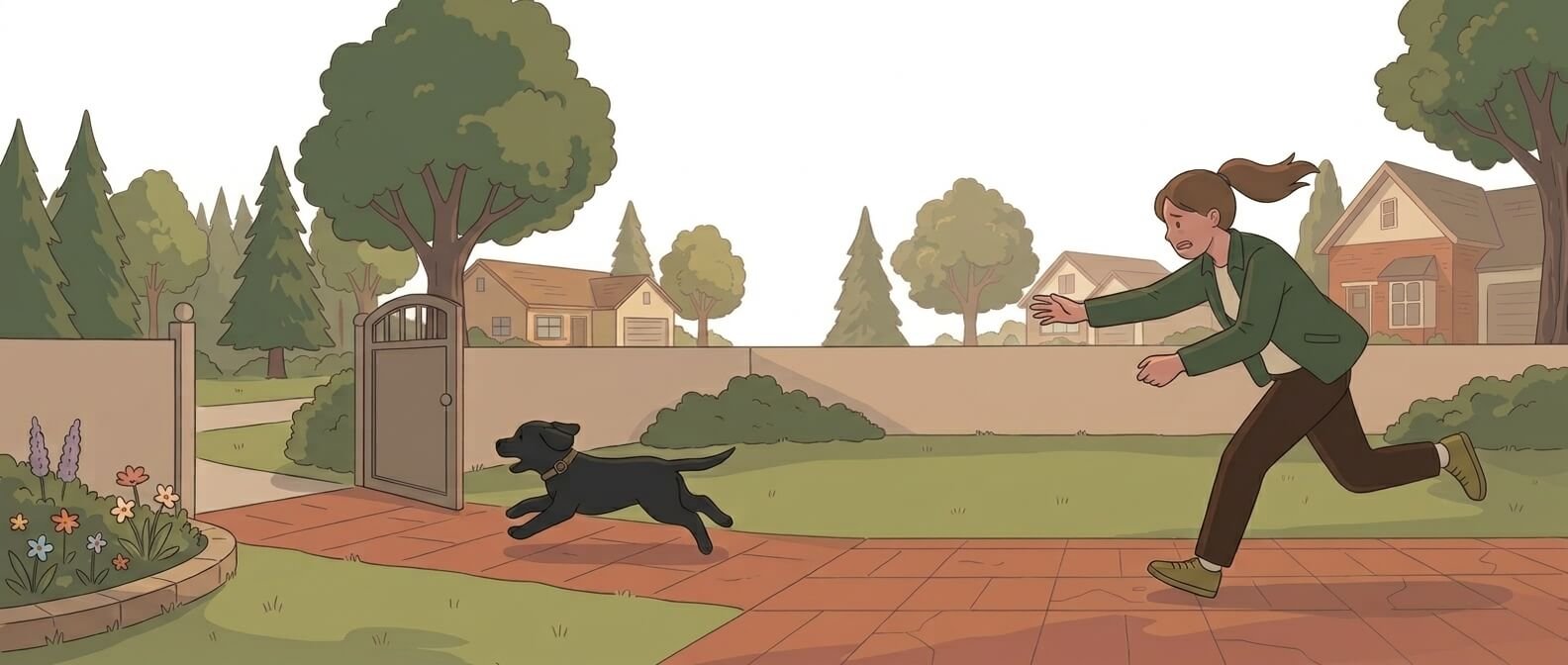 Illustration for lost dog prevention showing a small black dog running through an open gate in a suburban backyard while its owner runs behind.