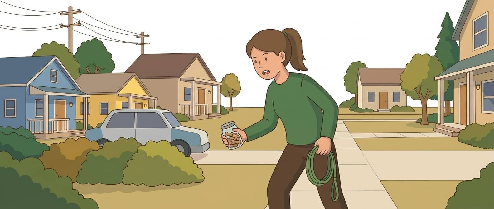 Illustration for lost dog prevention showing a female owner searching a suburban neighborhood for her lost dog, holding a leash and a treat jar.