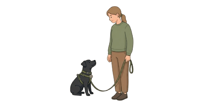 Illustration for outdoor dog safety showing a woman training her dog to sit and wait at a street curb before crossing.