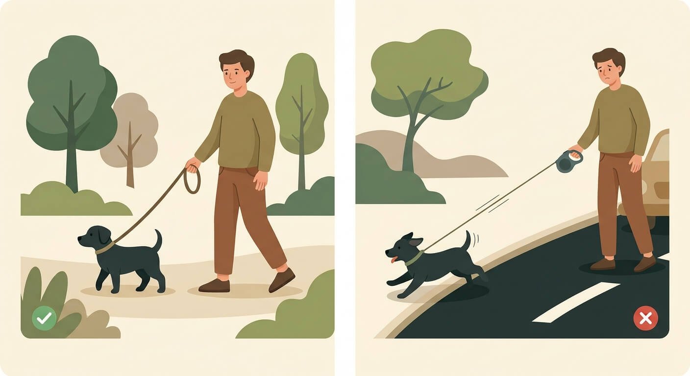 Illustration for outdoor dog safety comparing a fixed-length leash and a retractable leash on walks.