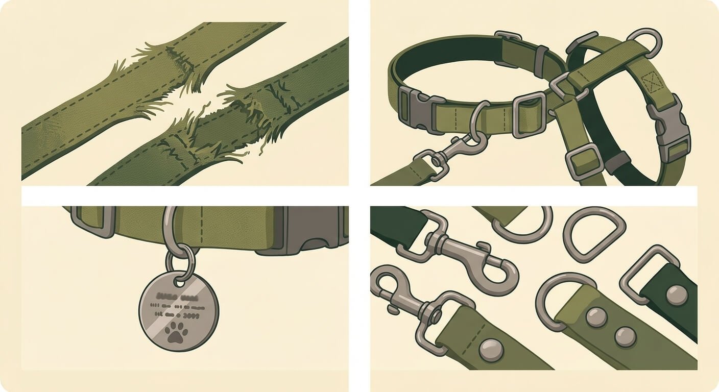 Illustration for outdoor dog safety showing close-ups of a leash, collar, harness, and hardware to check for wear.