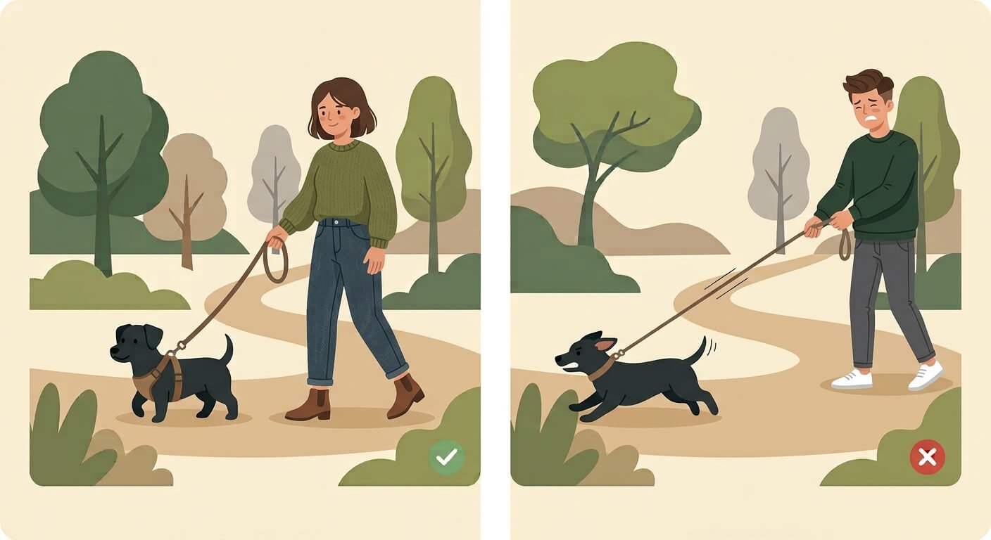 Illustration for outdoor dog safety showing a woman Illustration for outdoor dog safety showing a woman walking a small black dog in a front-clip harness on a forest trail.