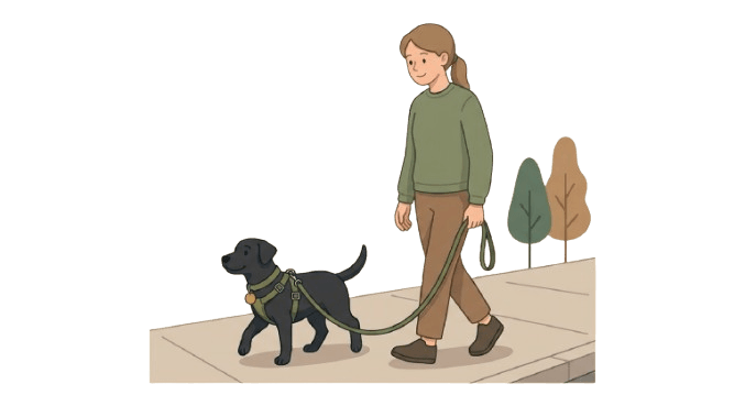 Illustration for outdoor dog safety showing a woman walking her dog on a loose leash beside her on a sidewalk.