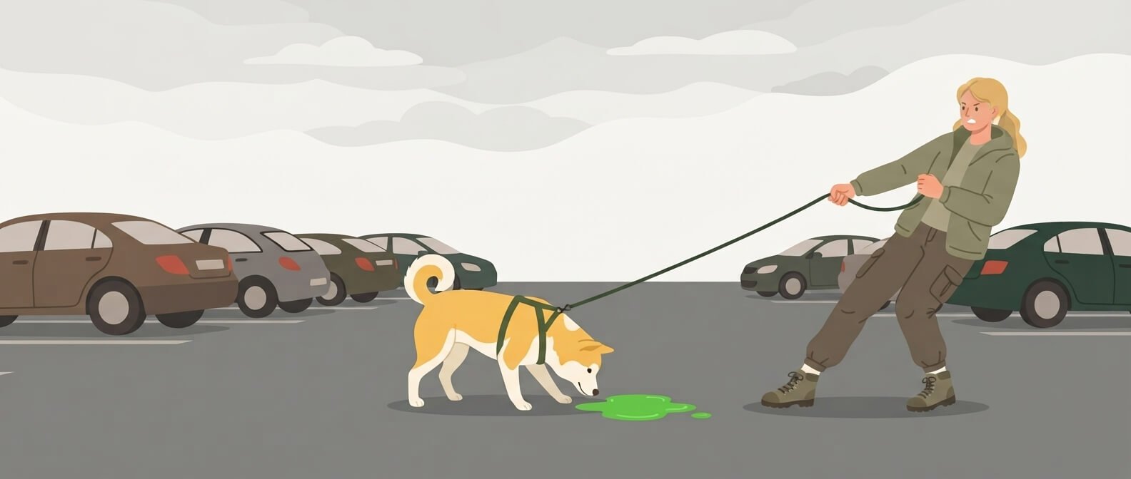 Illustration for wildlife and environmental safety showing a dog on a leash sniffing near a puddle of green antifreeze while its owner pulls the leash back.