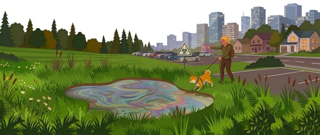 Illustration for wildlife and environmental safety showing a dog on a trail near a murky puddle with chemical runoff while its owner pulls the leash back.